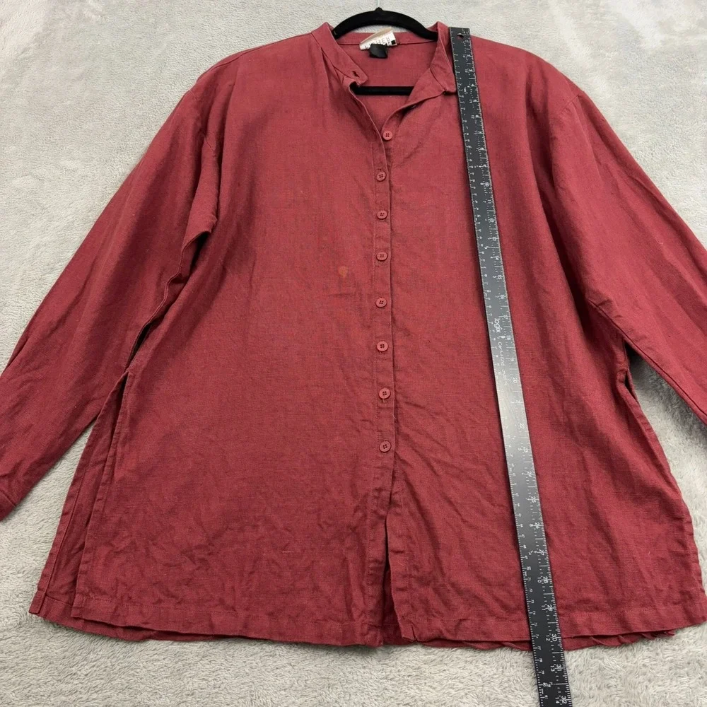 VTG Eileen Fisher Irish Linen Stand Collar Mandarin Shirt Womens‎ S Burnt Red